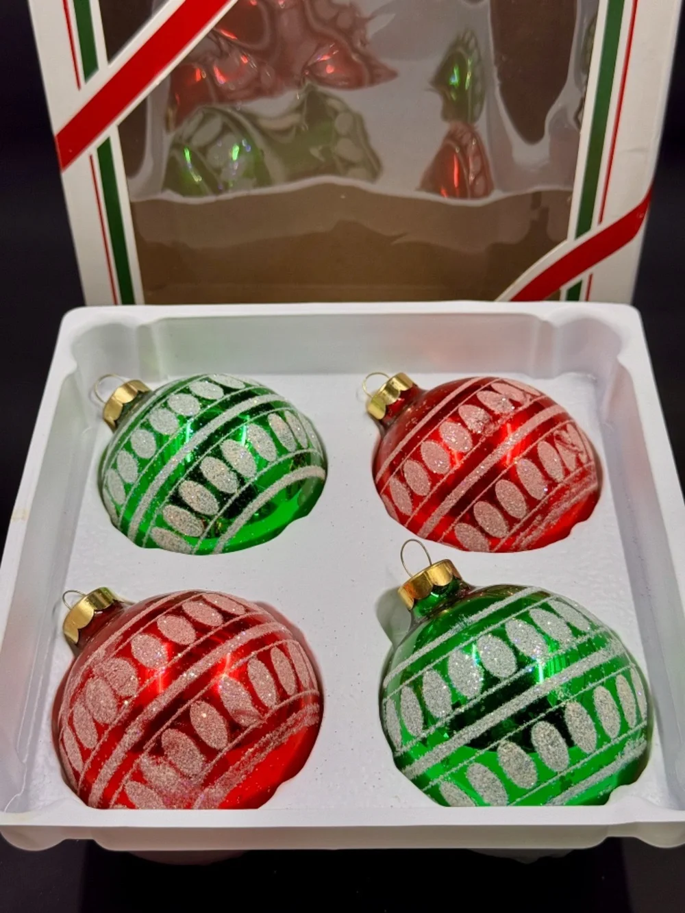 Vintage Set of Four Rauch Red and Green iridescent accents Christmas Ornaments